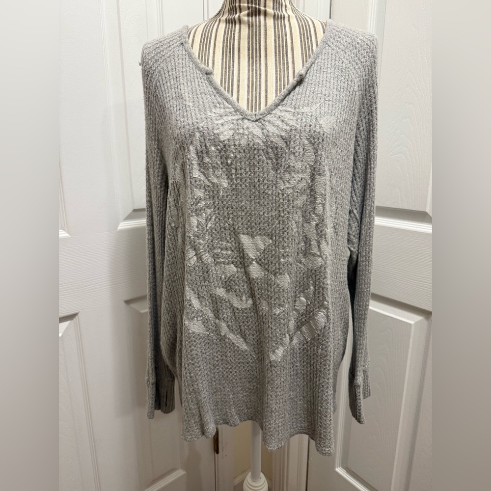 Grace & Lace Tiger Thermal Waffle Knit Gray Knit Top